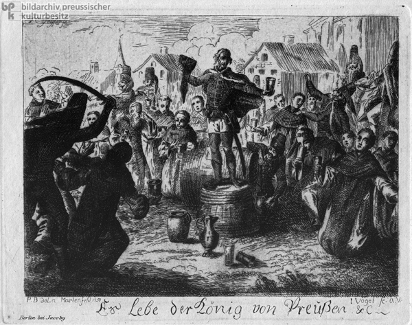 Husaren zwingen die Mönche eines Klosters in Marienfelde im Jahr 1758 auf das Wohl Friedrichs II. („des Großen”) zu trinken (ca. 1800)